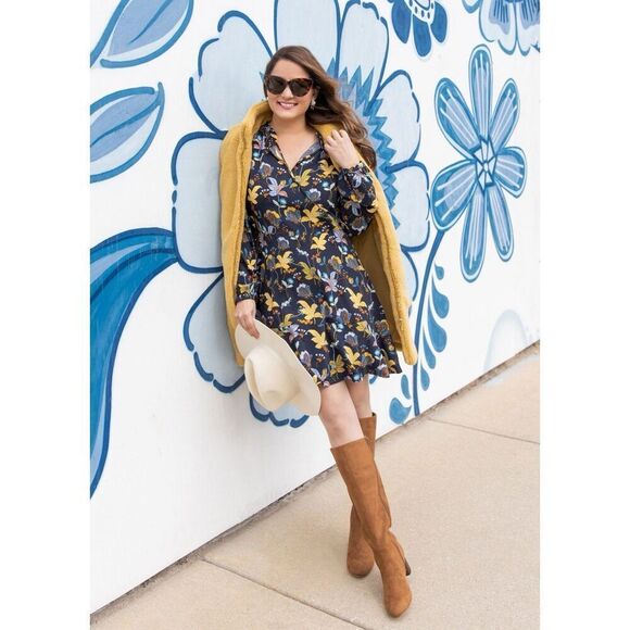 Loft Plus Size 14 Long Sleeve Peasant Shift Dress Navy Blue Floral Leaf Print - Picture 3 of 16